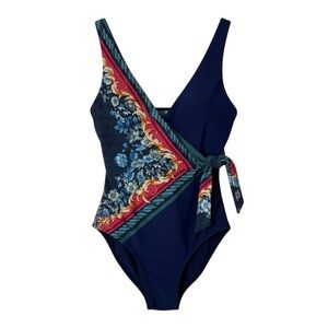Jets Australia Swimwear One Piece Swim Faux Wrap Navy Floral Size 6 D/DD